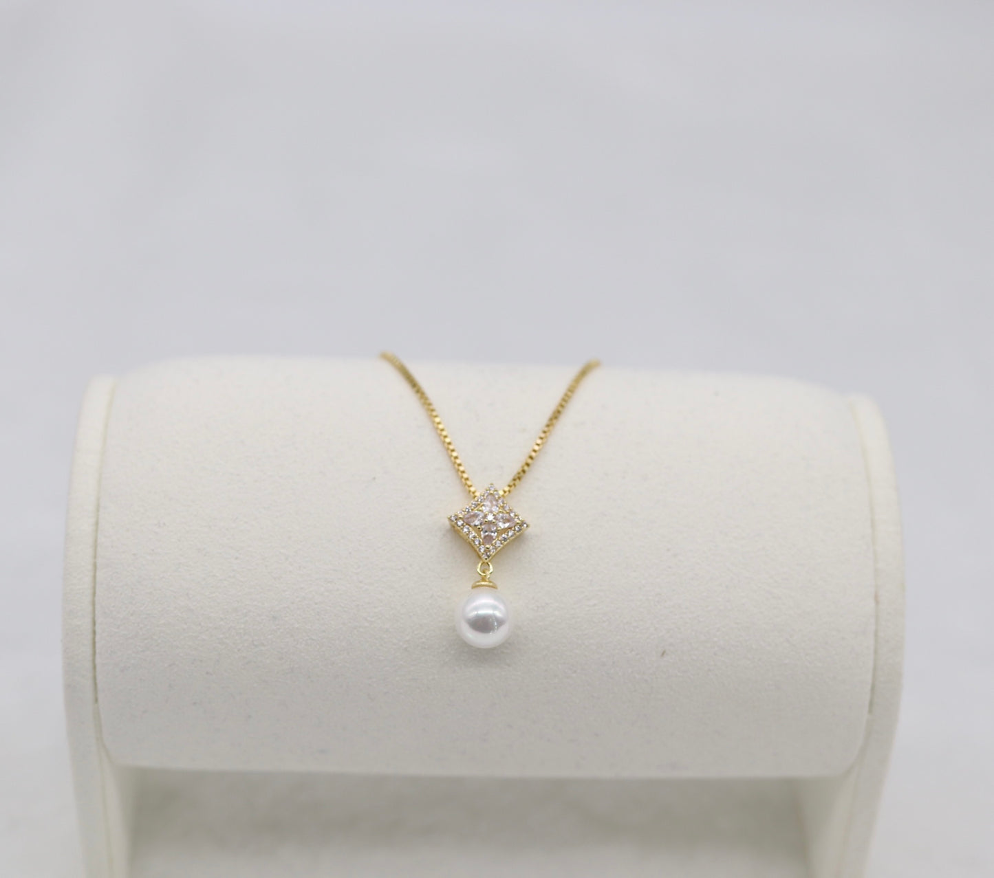 Gold Pearl Drop Necklace – Diamond Accent Square Pendant