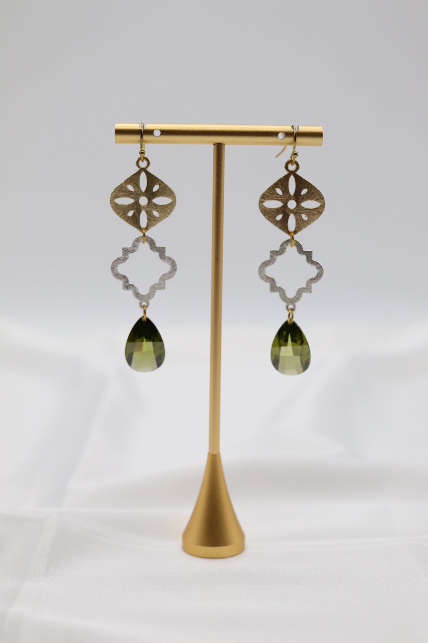 Filigree Dangling Emerald Green Stone Earrings Made With Faceted Fancy Cut Cubics