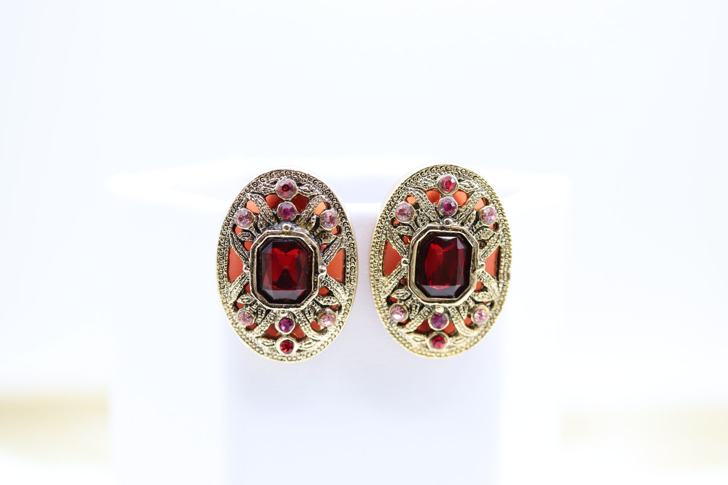 Enameled Renaissance Style With Fine Ruby Red CZ Pendant Oval Necklace With Matching Clip On Earrings