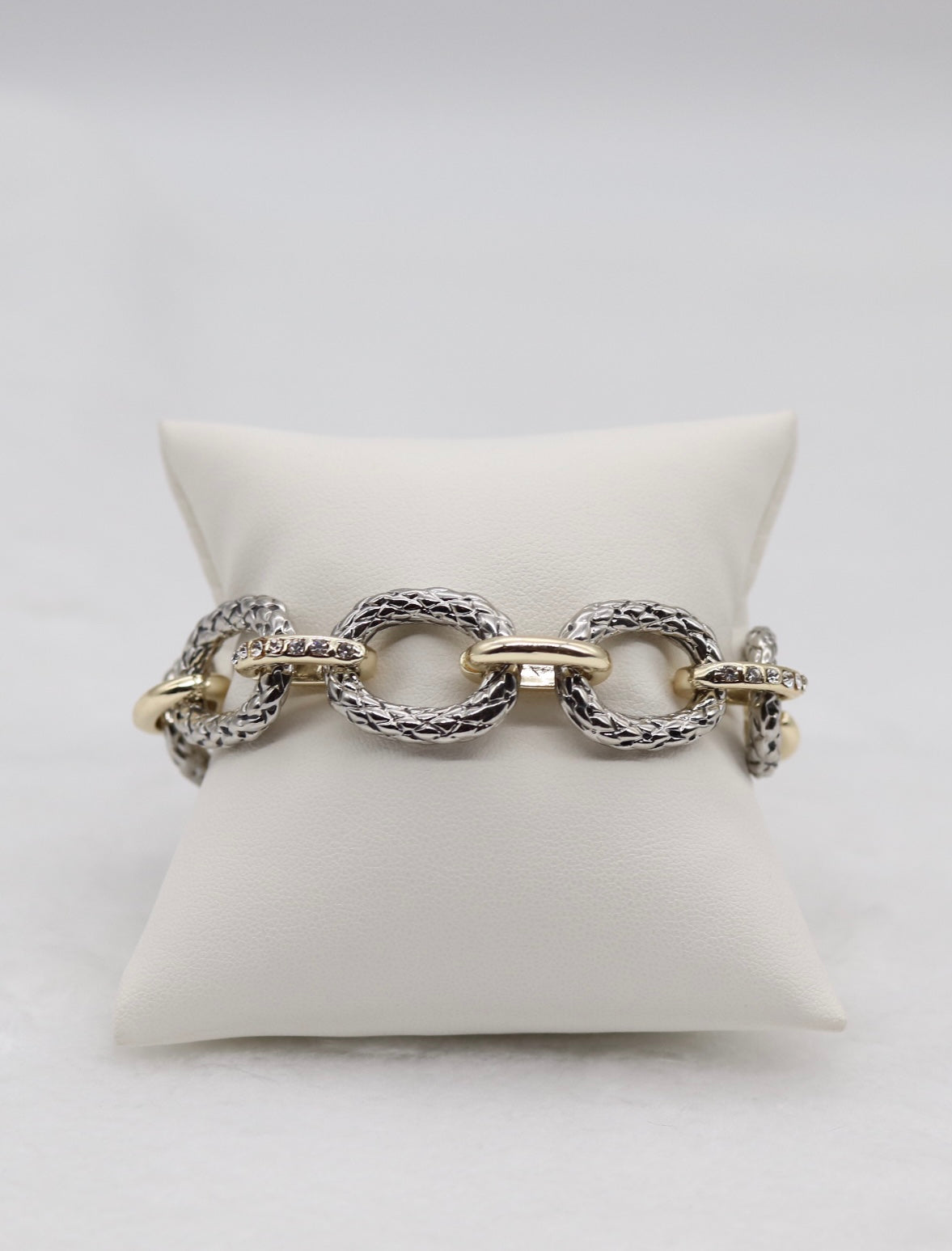 Textured Silver and Gold Link Bracelet with Crystal Accents