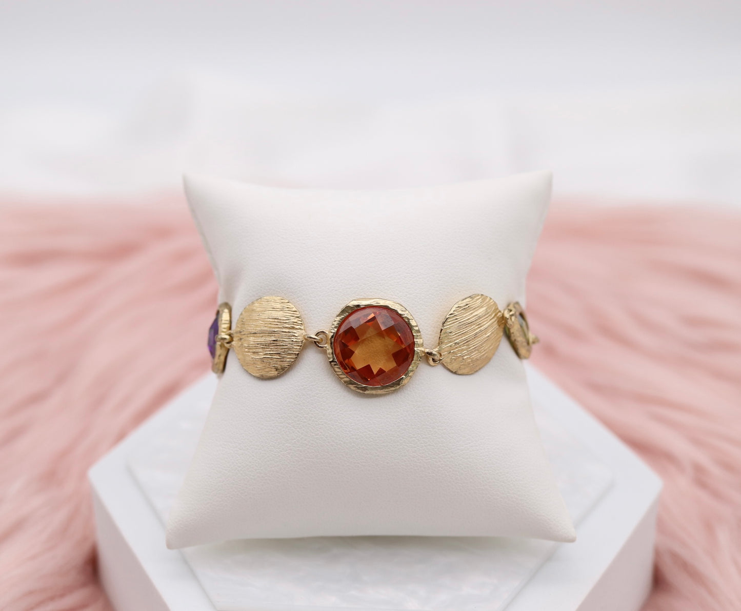 Purple, Coral and Emerald Green Stones Linked With Gold Discs Bracelet