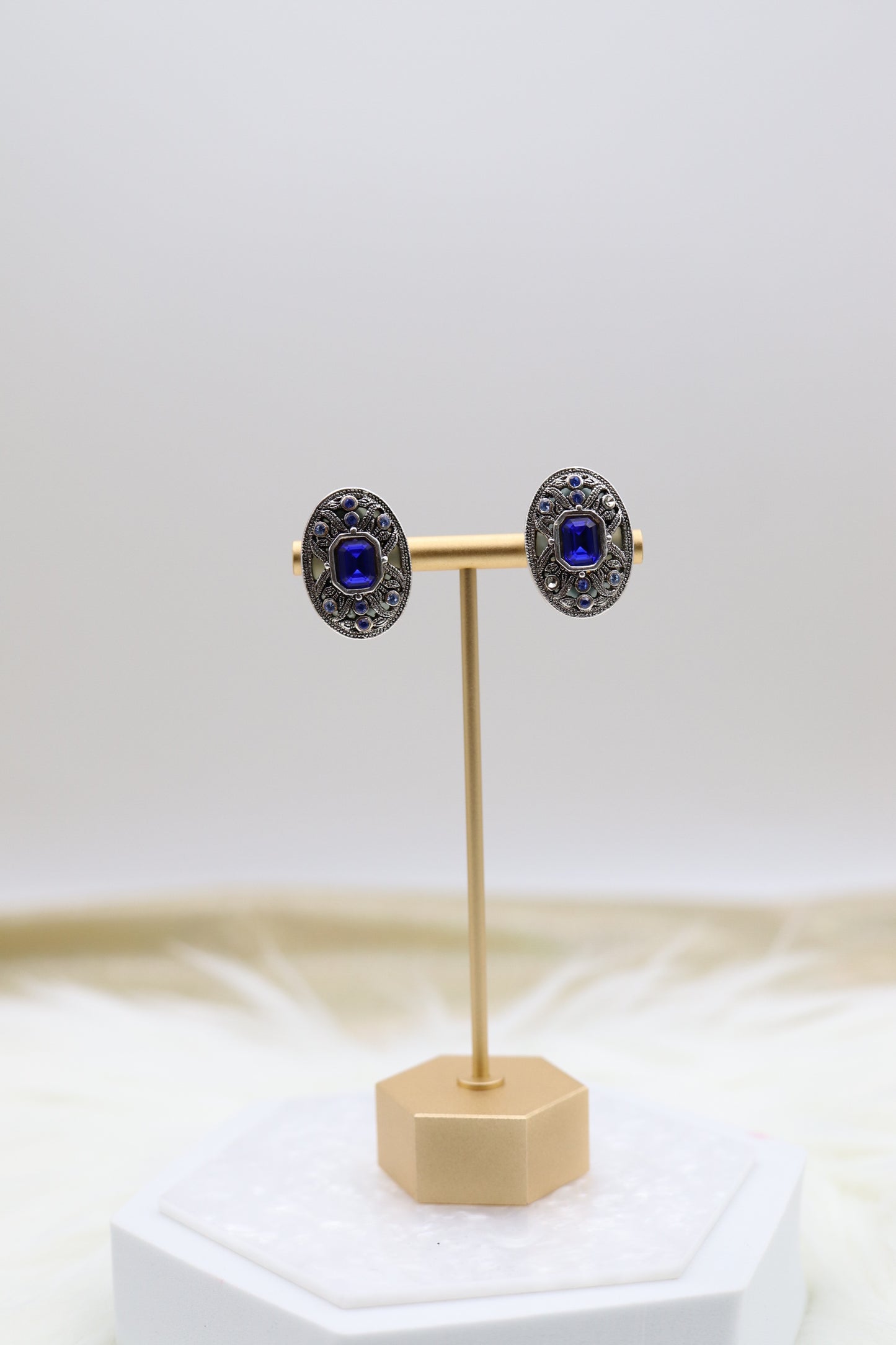 Enameled Renaissance Style With Fine Navy Blue CZ Pendant Oval Necklace With Matching Clip On Earrings