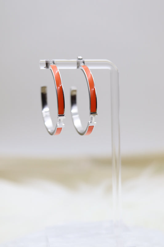 Orange Luxury H Hoop Silver Earrings