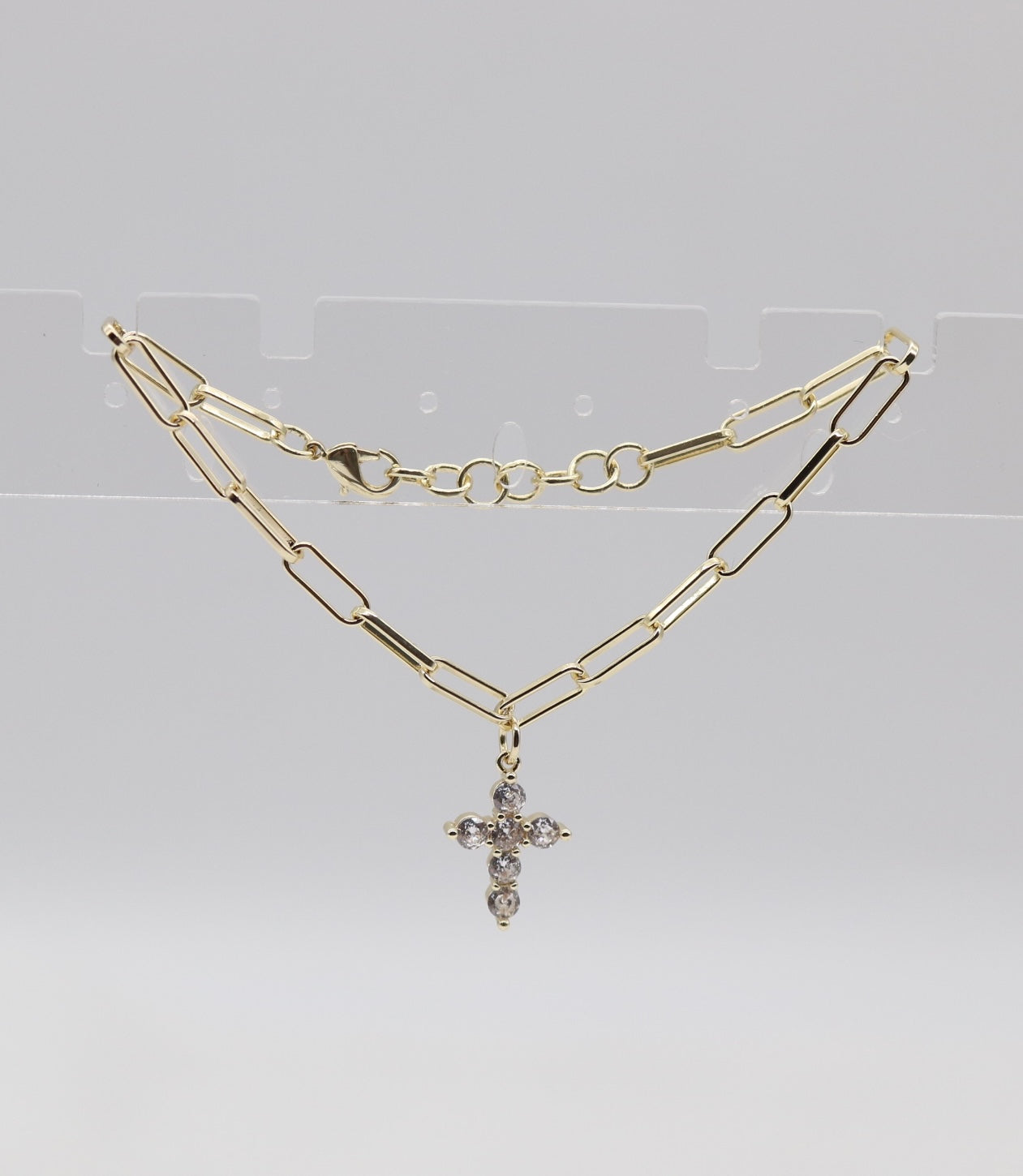 Gold Paperclip Chain Bracelet with CZ Cross Charm