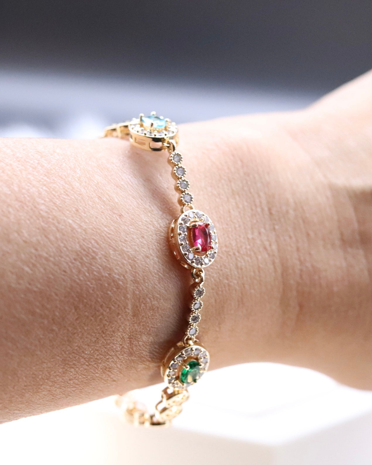 Light Blue, Red and Emerald Green Stone Tennis Bracelet