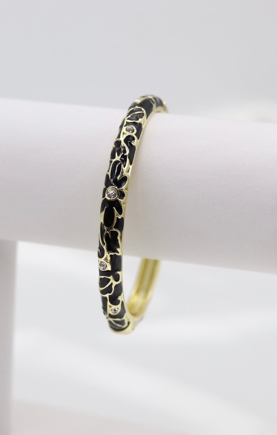 Thin Black With CZ Station Enamel Hinged Bangle Bracelet
