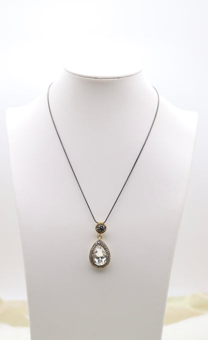 Matching Necklace and Earrings With Pear Shaped Clear Faceted CZ Stones With Gold Trim