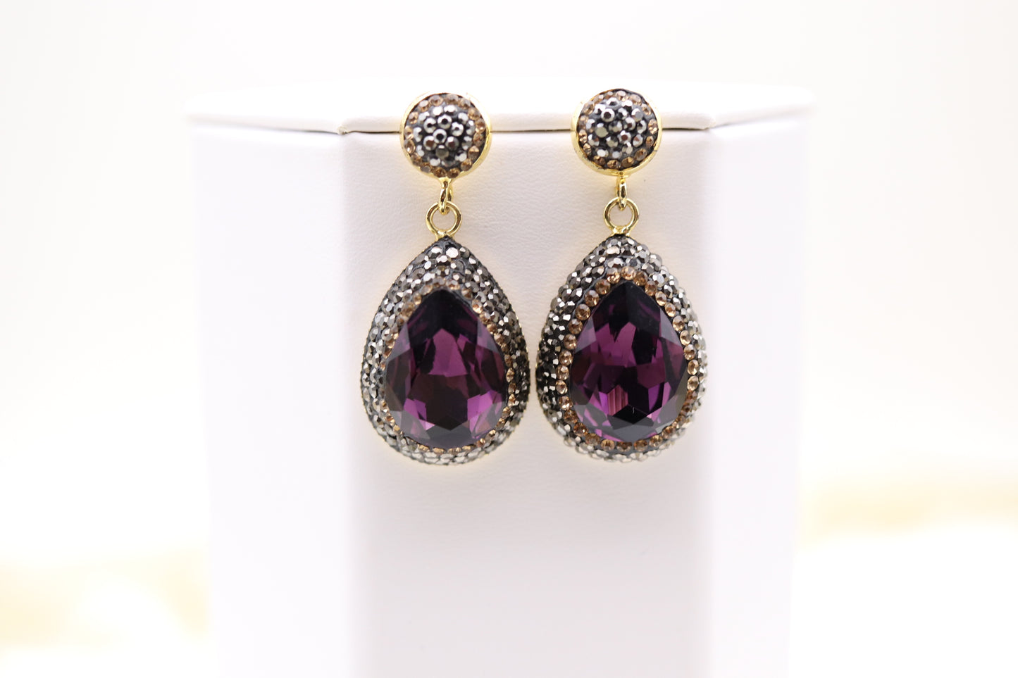 Dark Amethyst Druzy Teardrop Pendant Necklace and Earring Set
