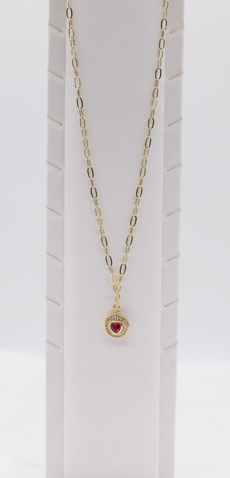 Gold Heart Pendant Necklace – Red Gemstone Center with Crystal Halo