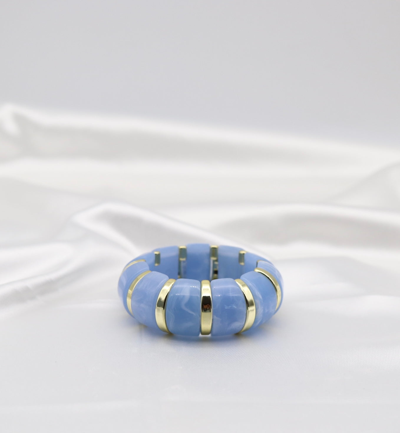 Sky Blue Marble Stretch Bracelet with Polished Gold Accents