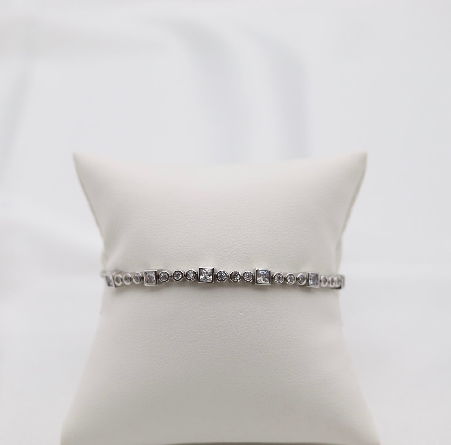 Square and Round Bezel Set CZ Silver Tennis Bracelet