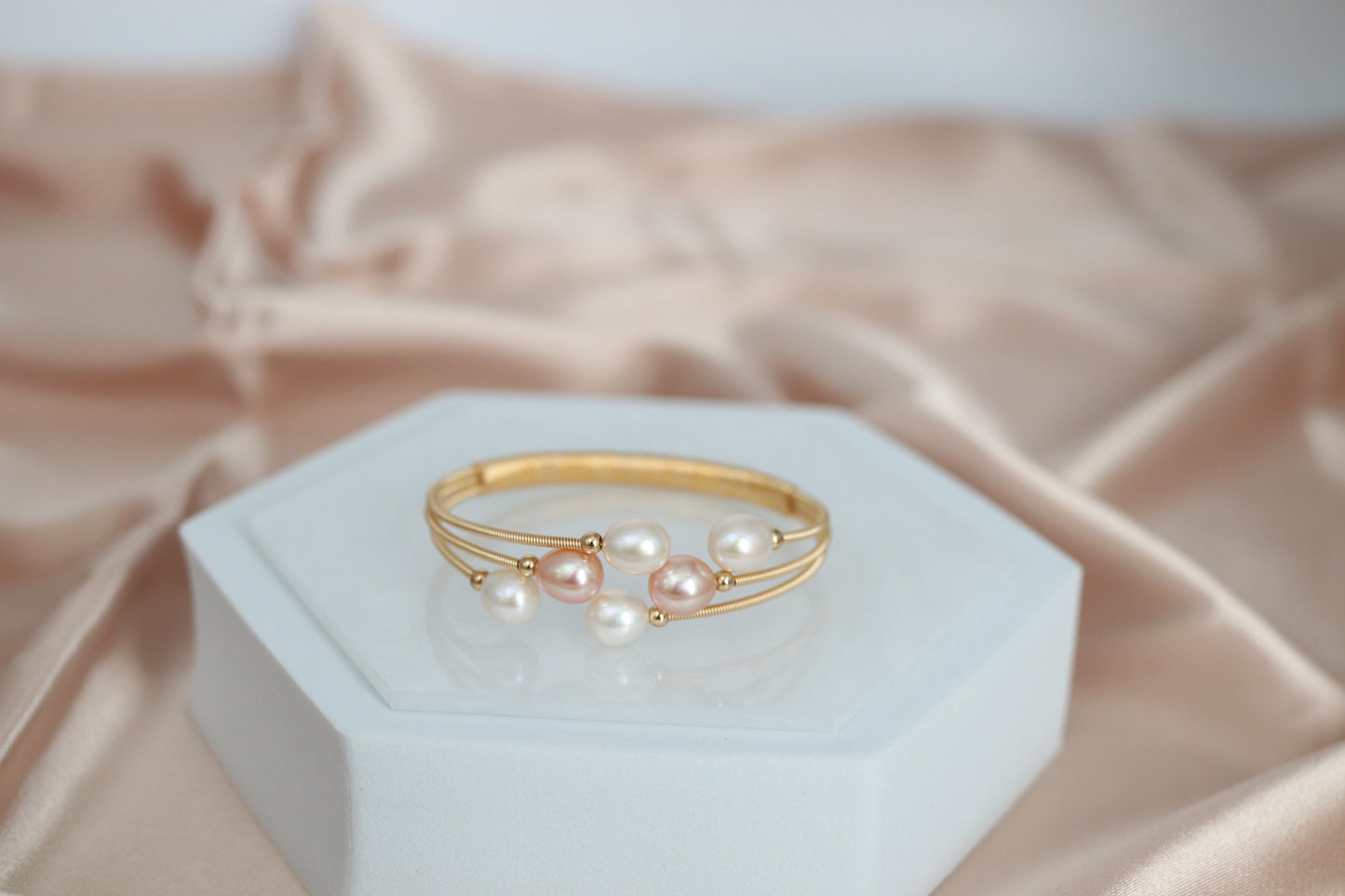 Six Fresh White and Light Pink Water Pearls with Gold Filled Wiring