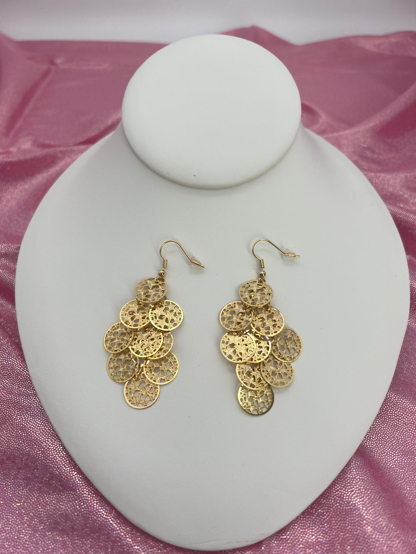 Bohemian Multi Layered Filigree Cut Out Star Circles Dangle Drop Long Statement Earrings, Gold