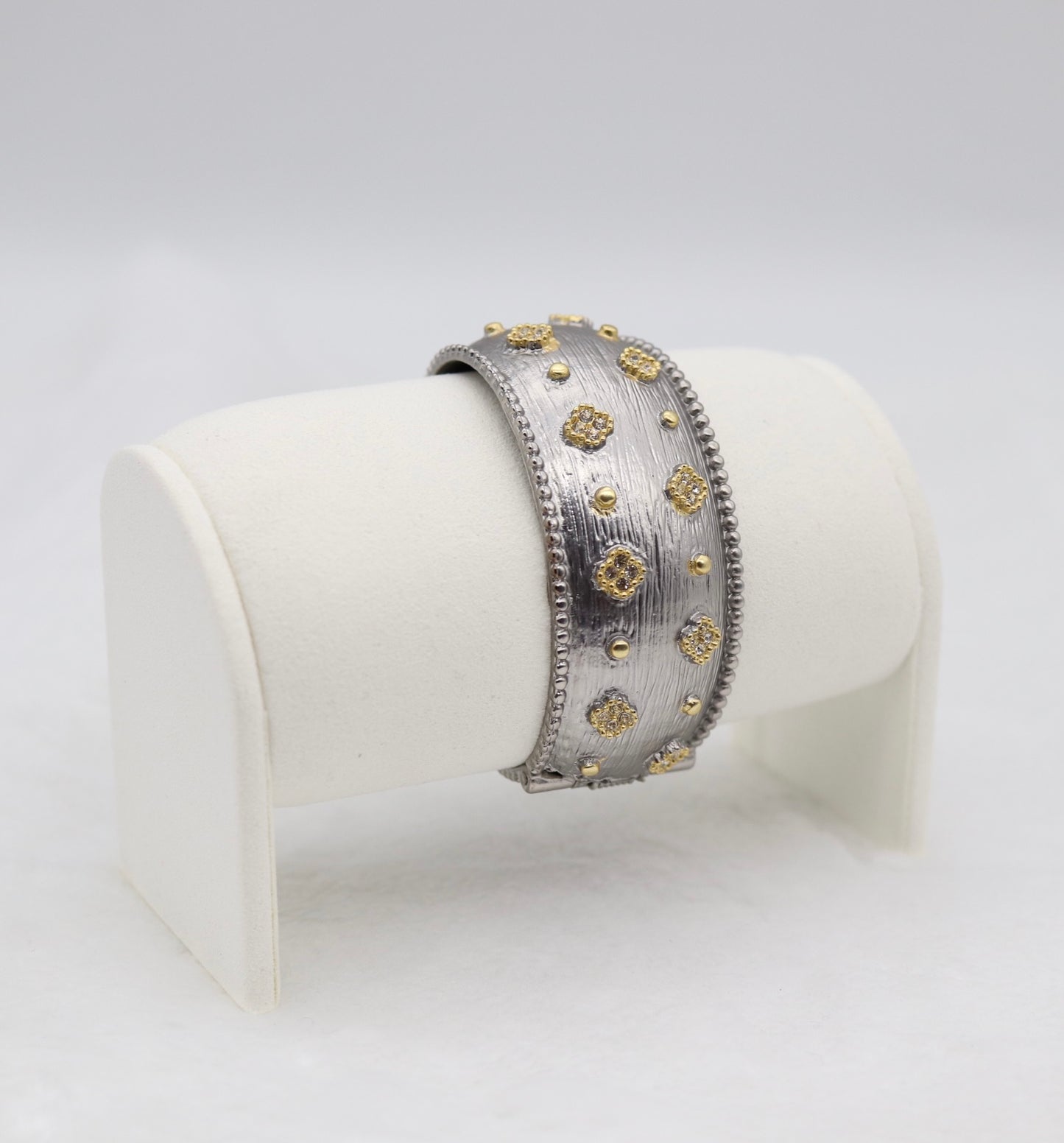 Wide Textured Silver Cuff Bracelet with Gold Floral Accents