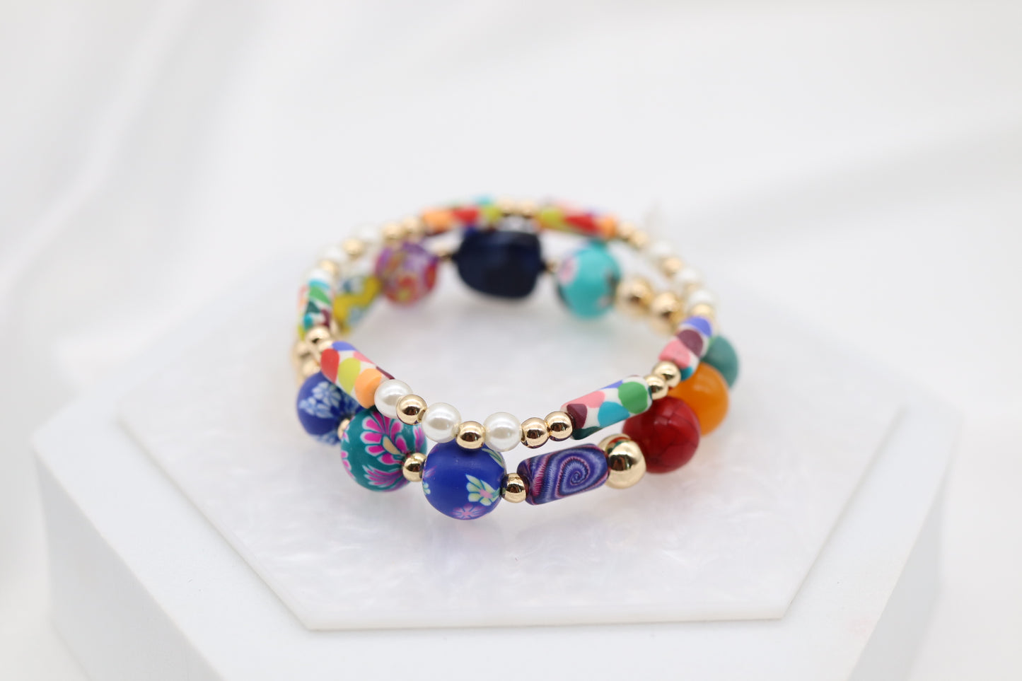 Gold Glass Bright Fimo Clay Bead Bracelet Set