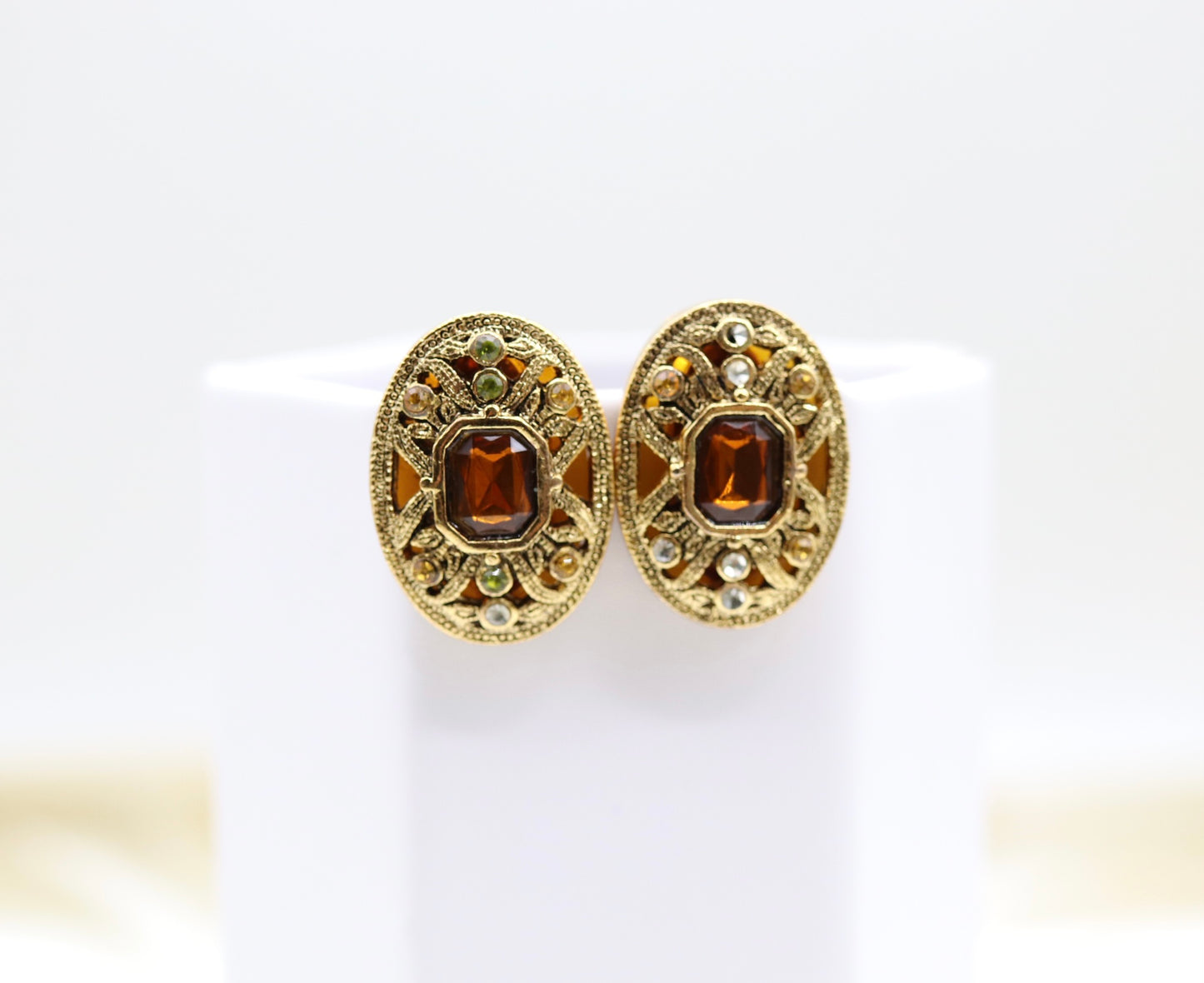 Enameled Renaissance Style With Fine Light Brown CZ Pendant Oval Necklace With Matching Clip On Earrings
