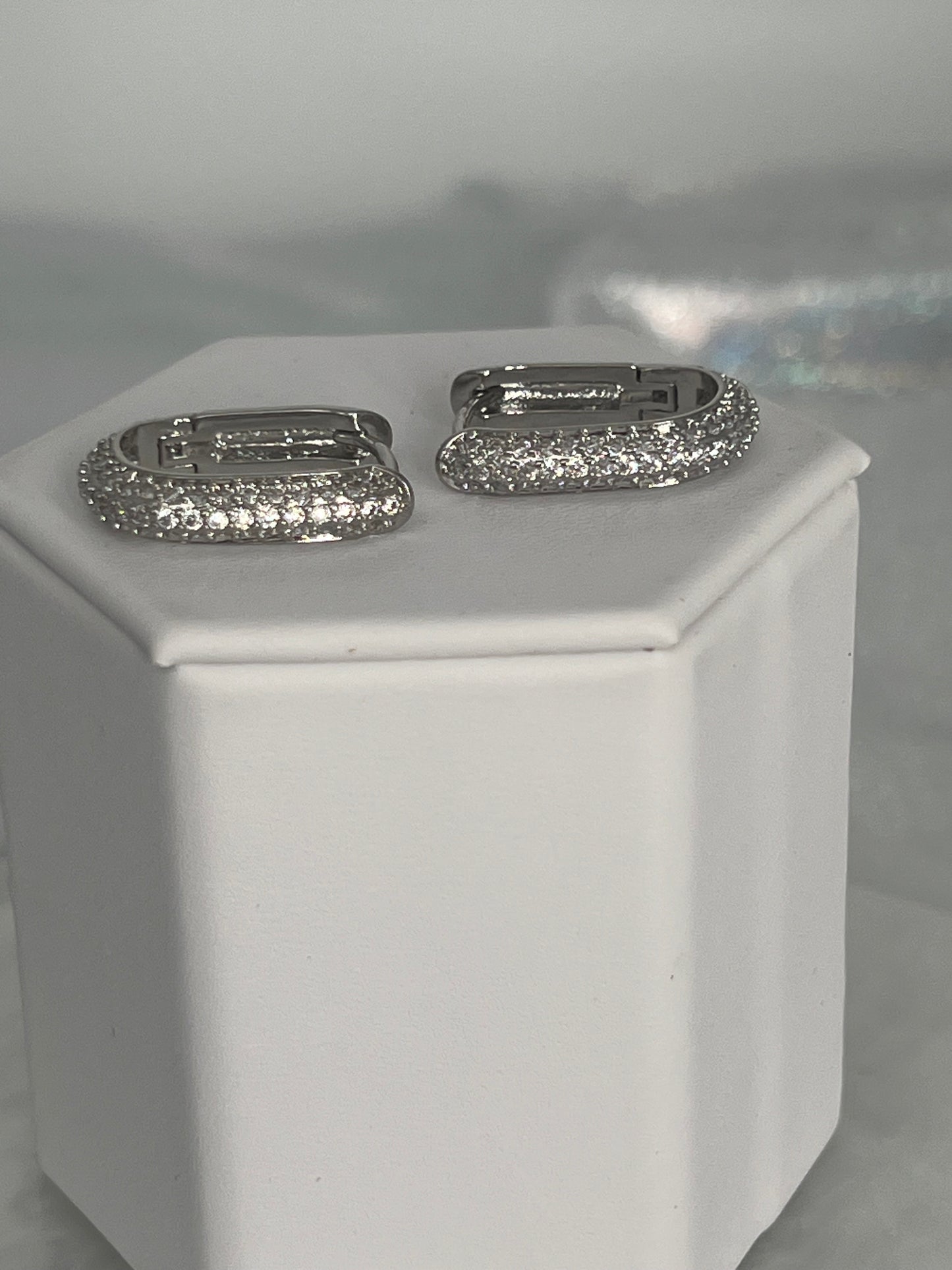 Silver CZ Pave Oval Huggie Earrings