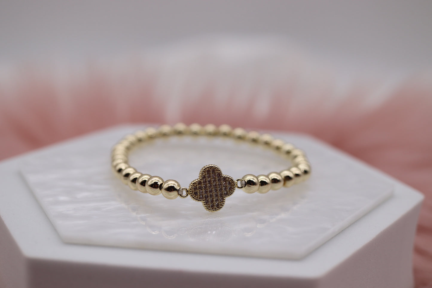 Gold Beaded Clover Elastic Bracelet