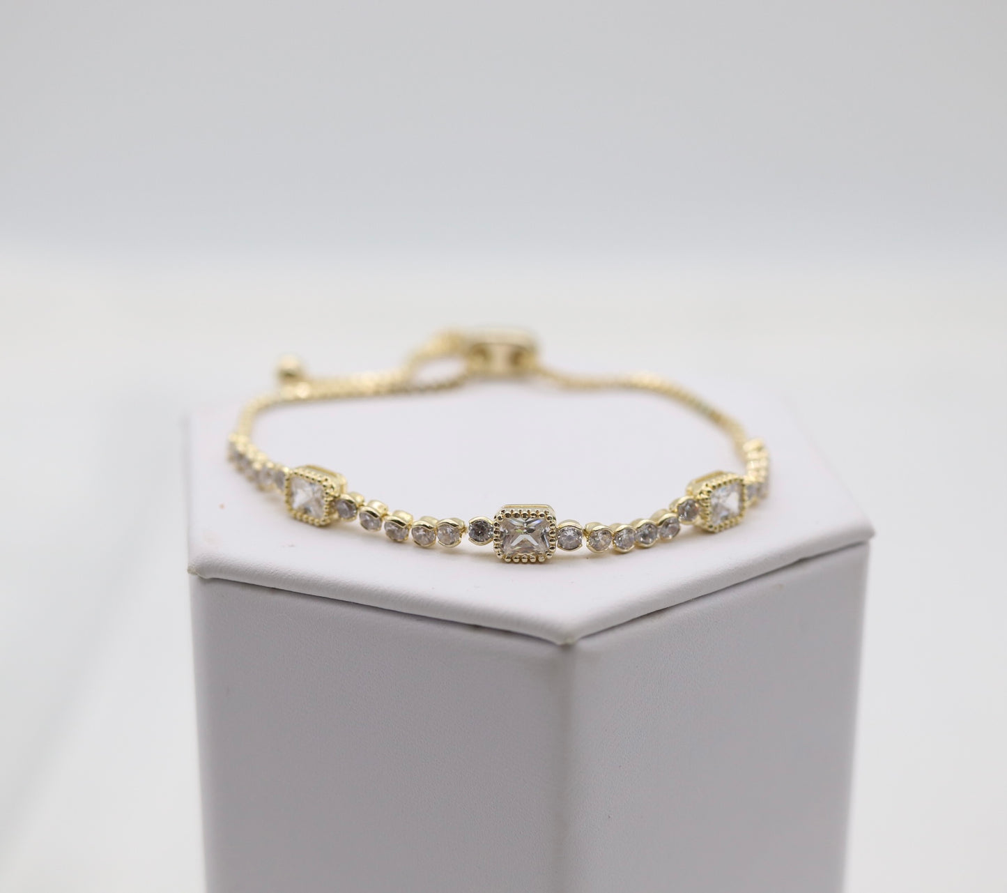 Square and Round CZ Gold Tennis Bracelet