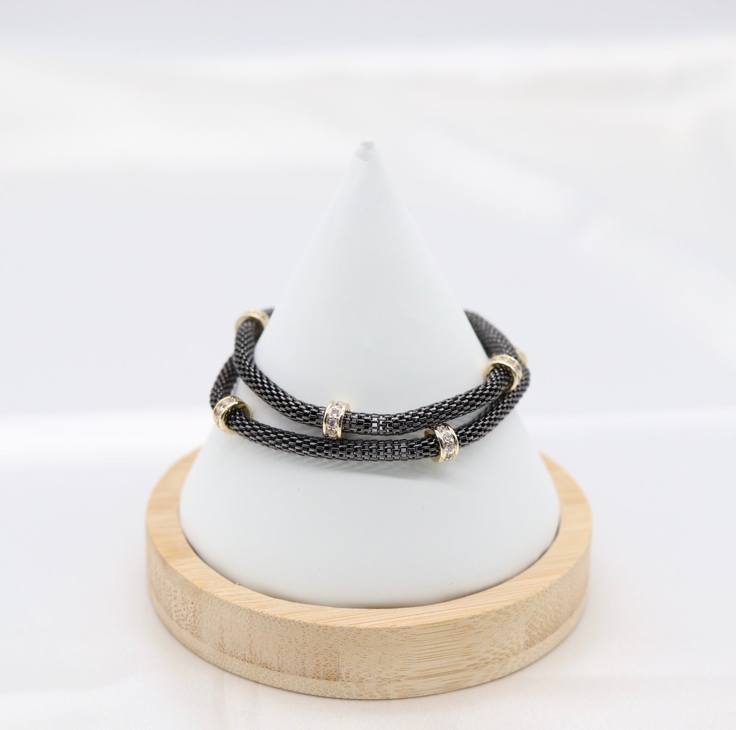 Black Mesh-Chain Bracelet with Round CZ Stations