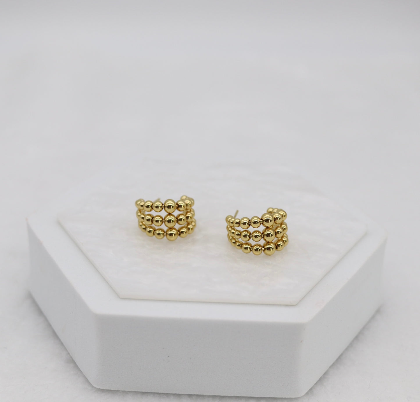 Triple Row Gold Beaded Hoop Earrings