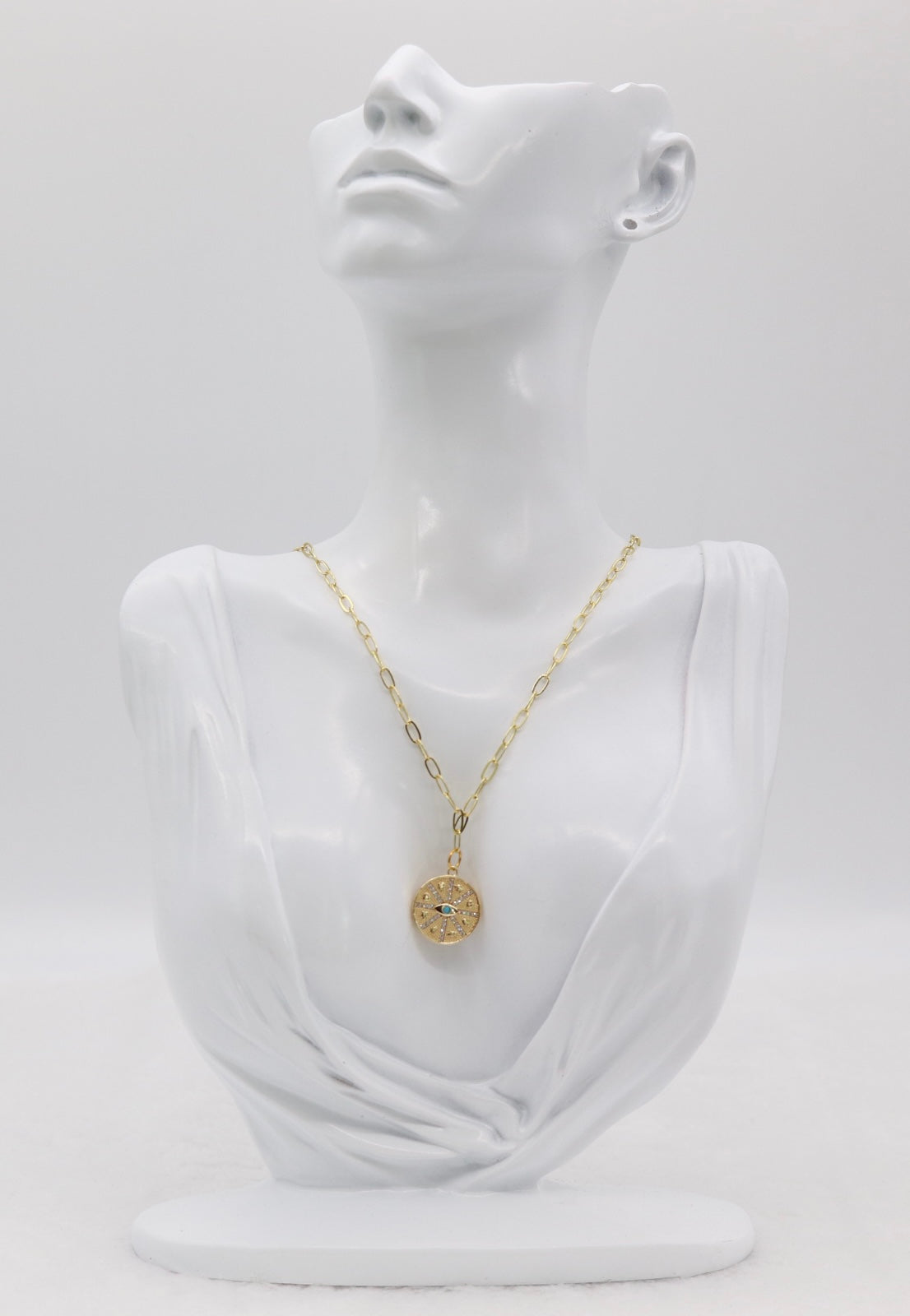 Gold Compass Pendant Necklace – Dainty Crystal Medallion with Evil Eye Detail