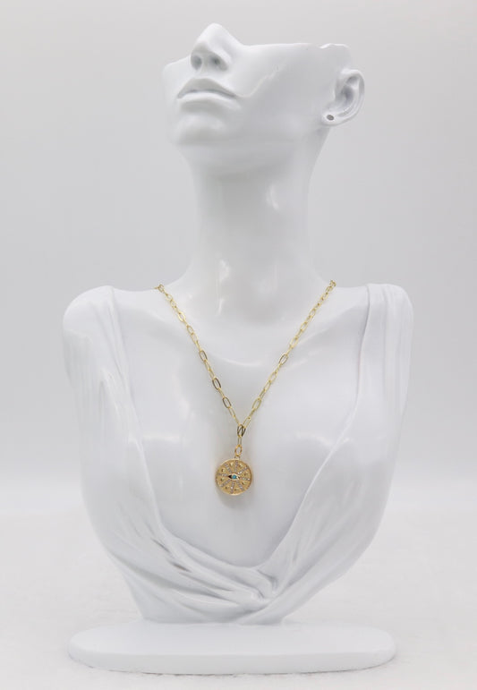 Gold Compass Pendant Necklace – Dainty Crystal Medallion with Evil Eye Detail