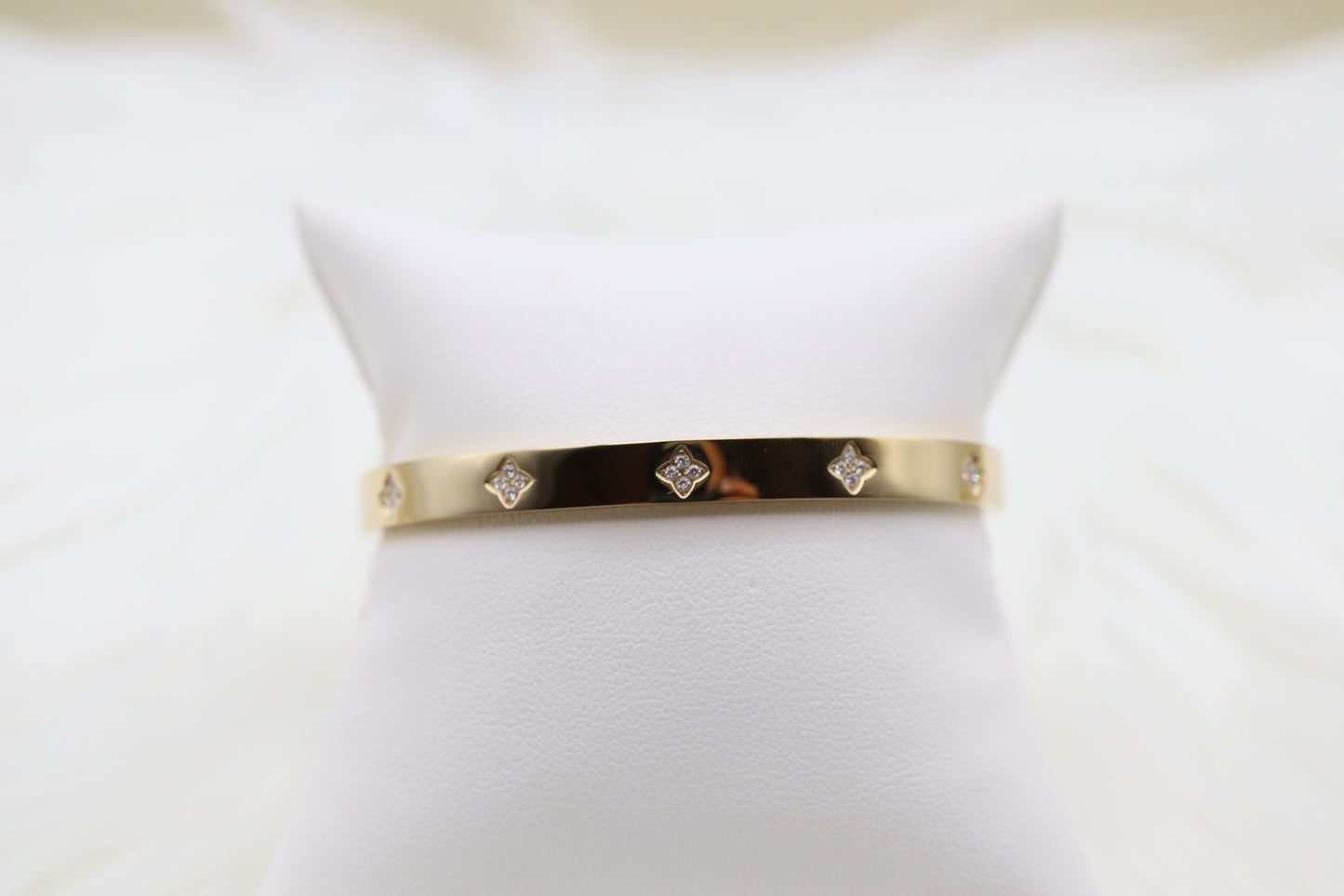 Gold Hinge Bangle Bracelet With CZ Clover Stations