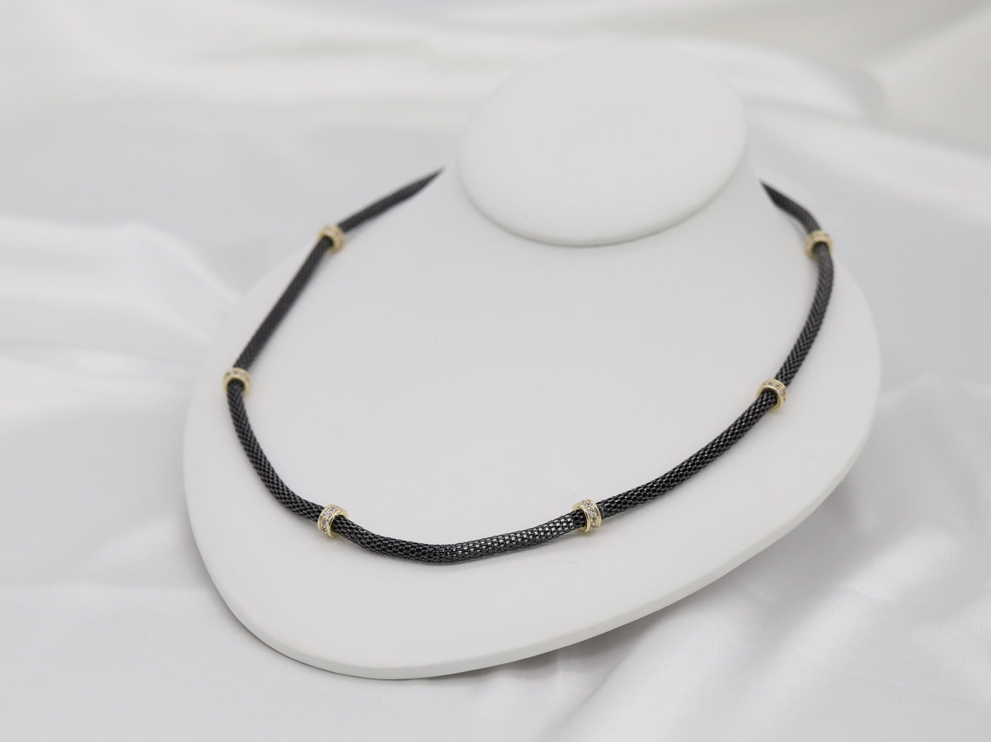 Black Mesh Necklace With Round CZ Stations