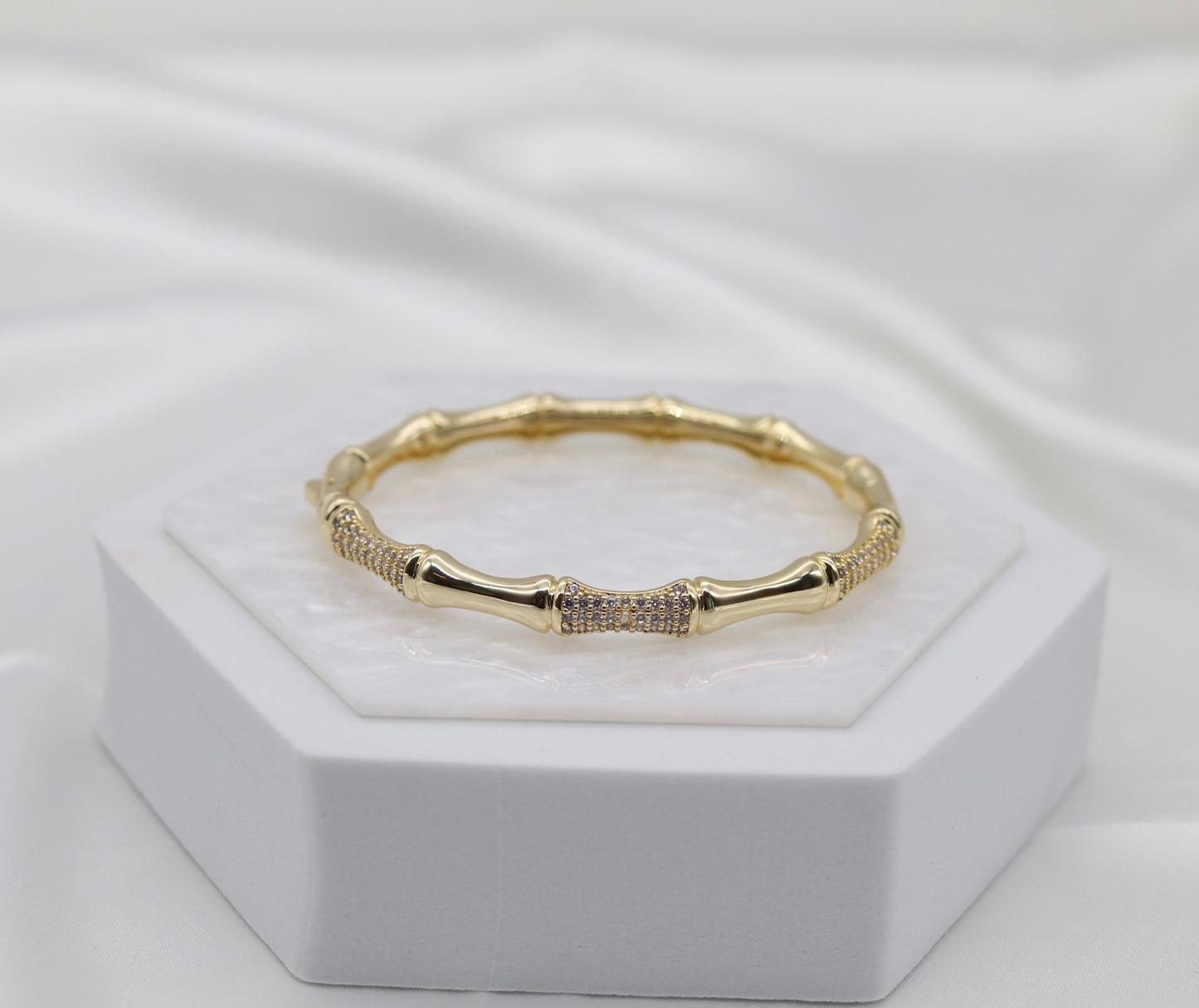 CZ Station Gold Bamboo Hingle Bangle Bracelet