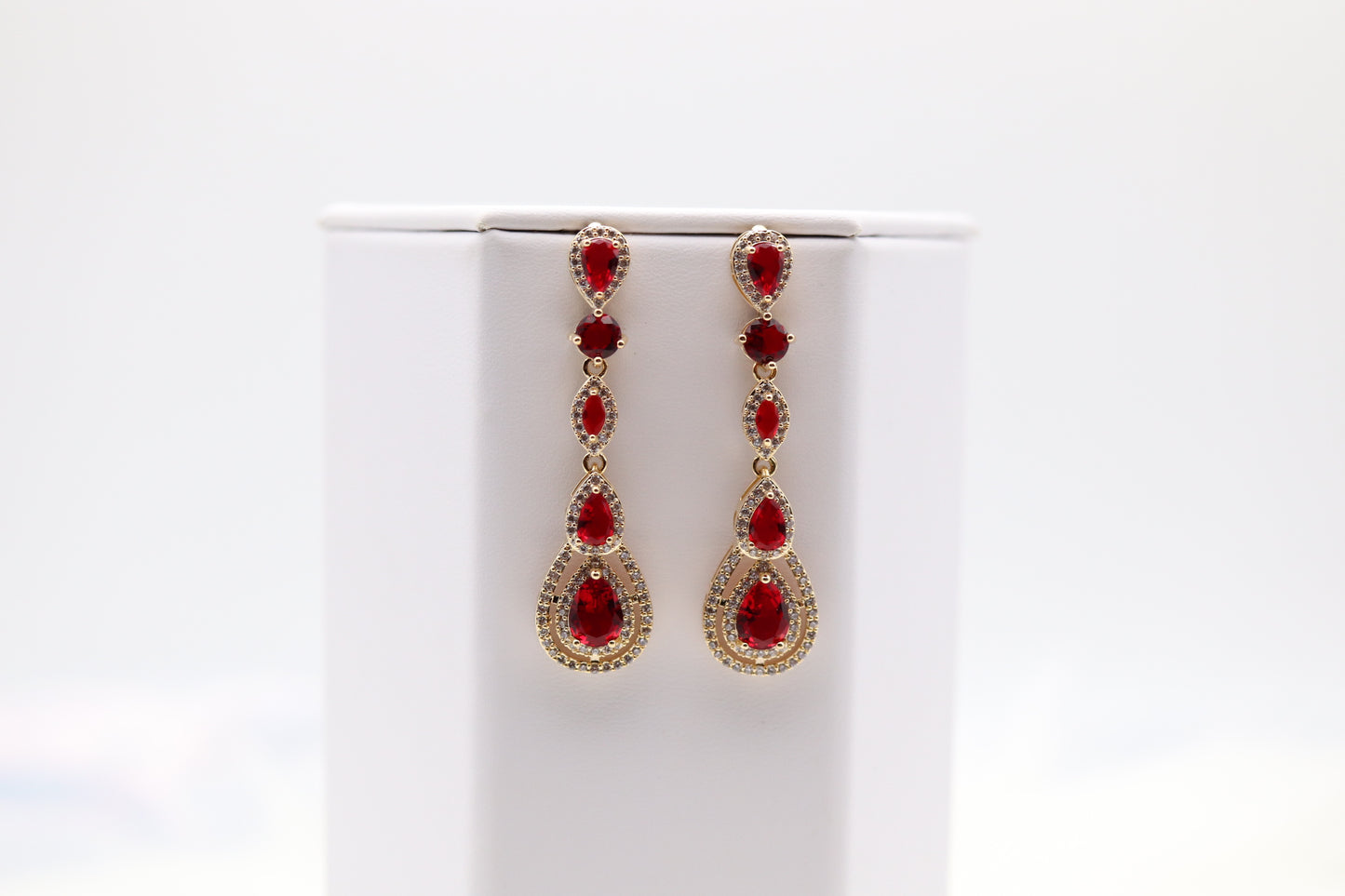 Pear Shaped Ruby Red CZ Dangling Earrings
