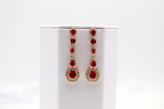 Pear Shaped Ruby Red CZ Dangling Earrings