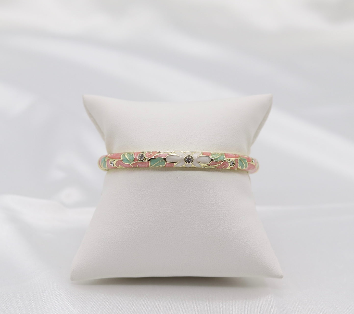 Thin Pink and White With CZ Station Enamel Hinged Bangle Bracelet