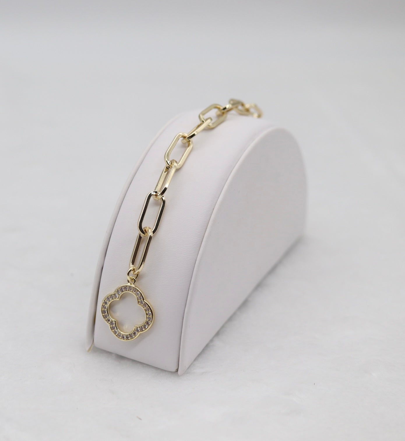 Gold Paperclip Bracelet with CZ Clover Toggle