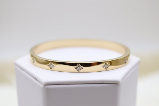 Gold Hinge Bangle Bracelet With CZ Clover Stations