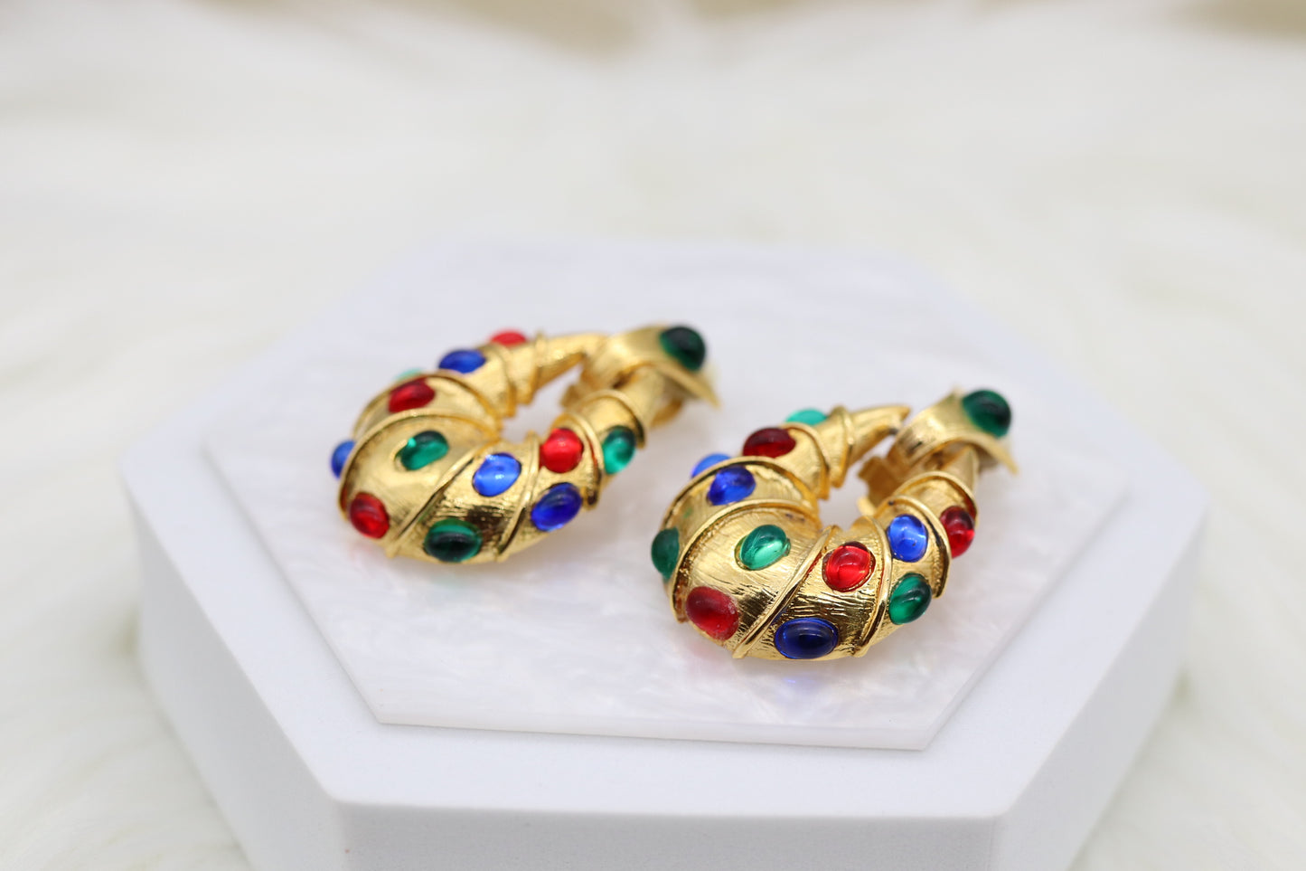 Matte Gold Teardrop Clip-On Earrings with Multi-Colored Stones