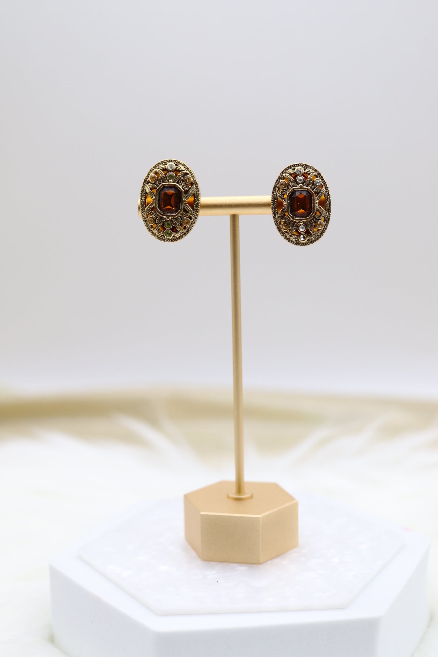 Enameled Renaissance Style With Fine Light Brown CZ Pendant Oval Necklace With Matching Clip On Earrings