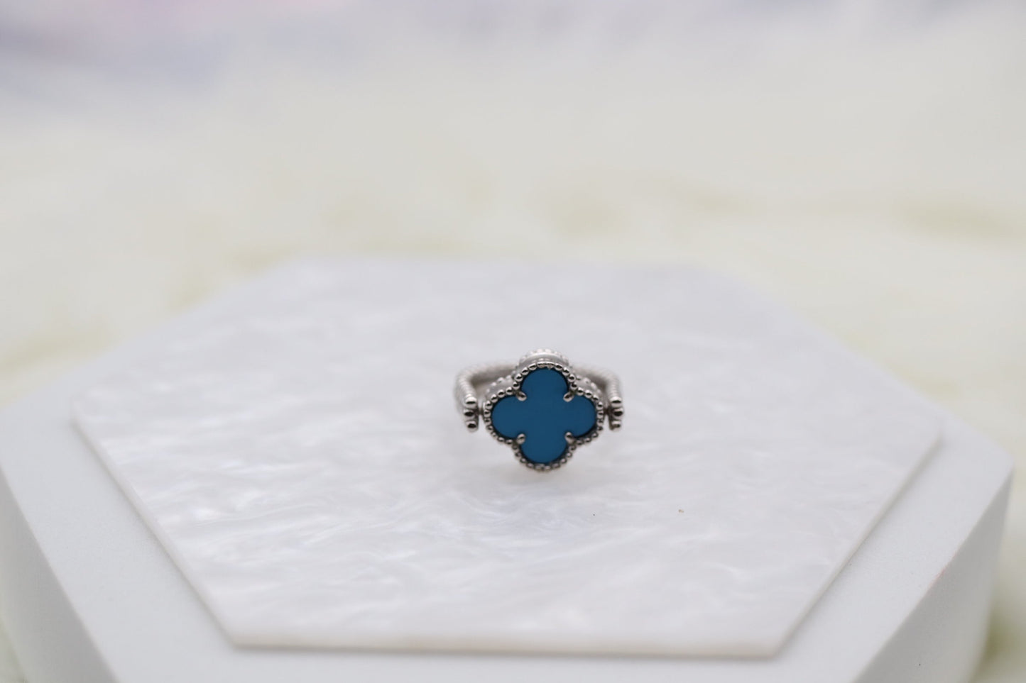Light Blue Clover Silver Reversible Ring - Size 7
