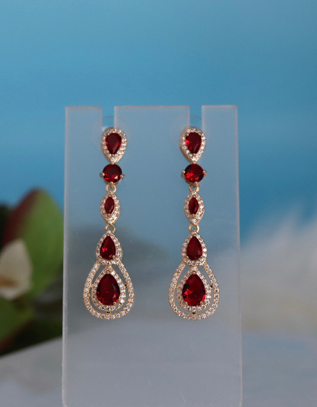 Pear Shaped Ruby Red CZ Dangling Earrings