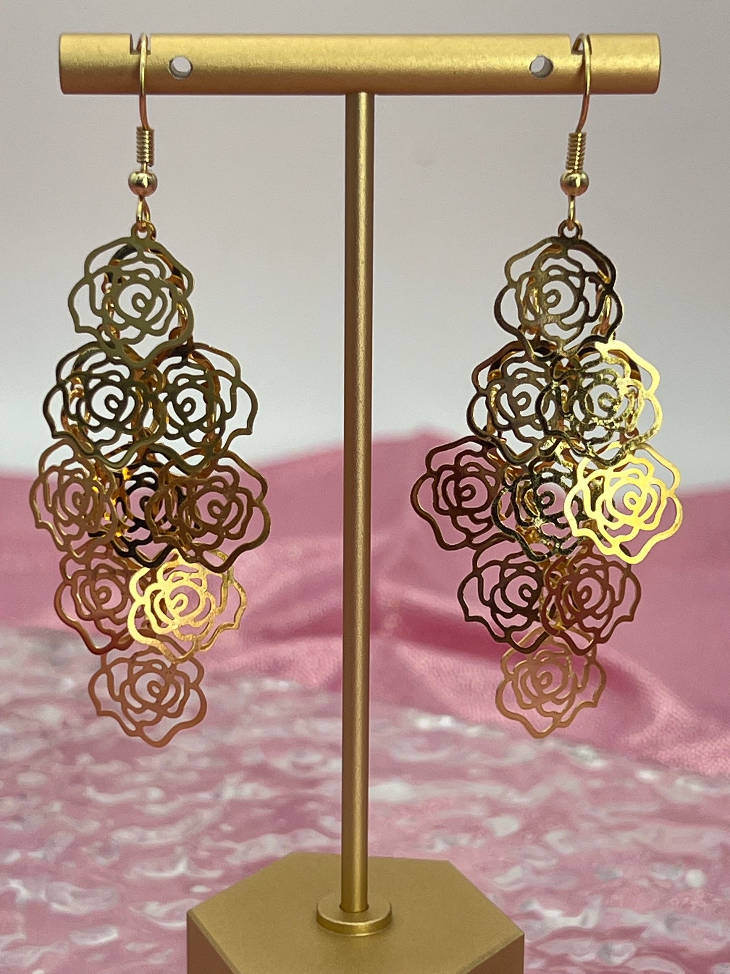 Bohemian Multi Layered Filigree Flower Dangle Drop Long Statement Earrings, Gold