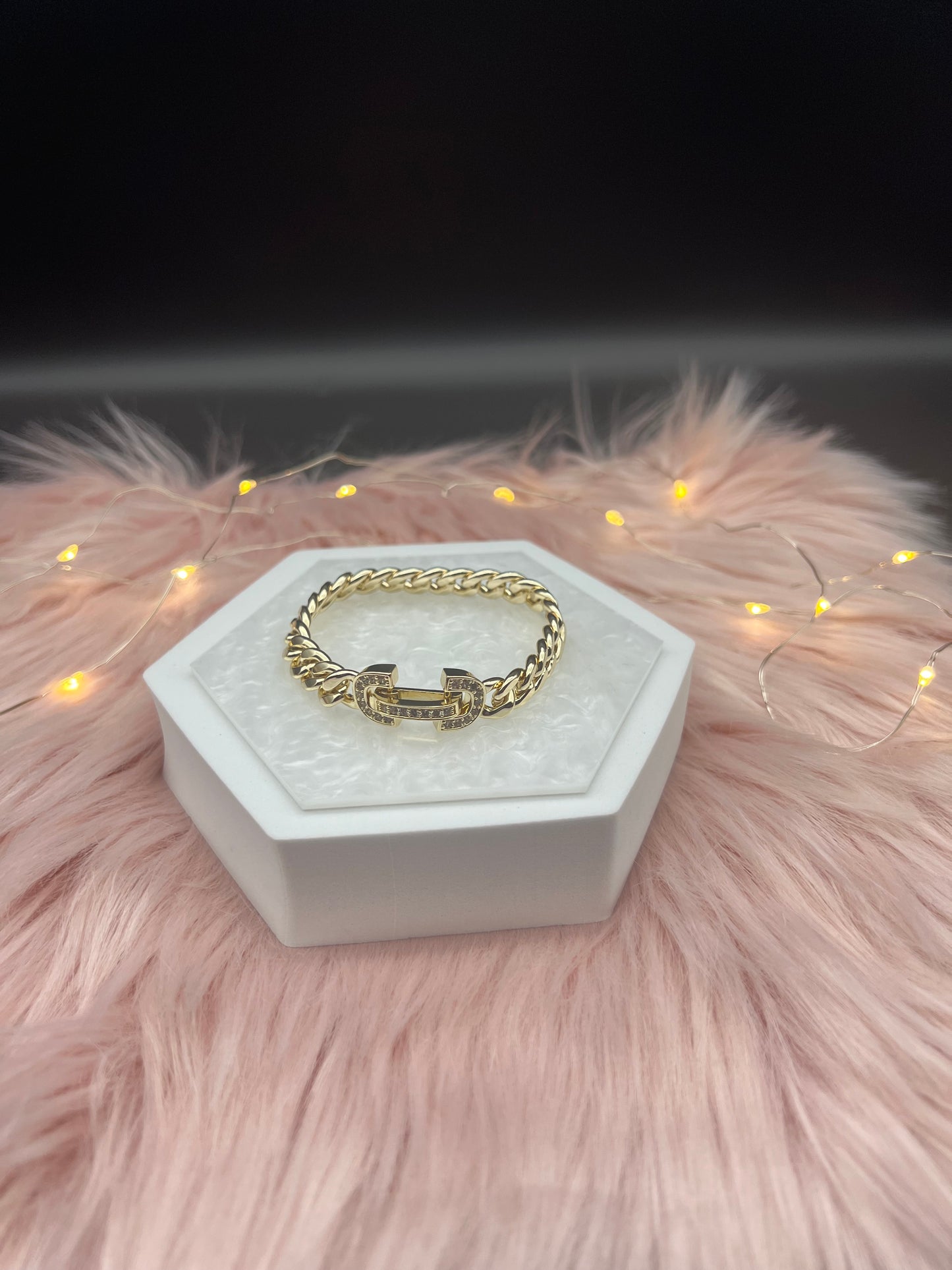 Small Gold Link With Pave CZ Charm Bracelet