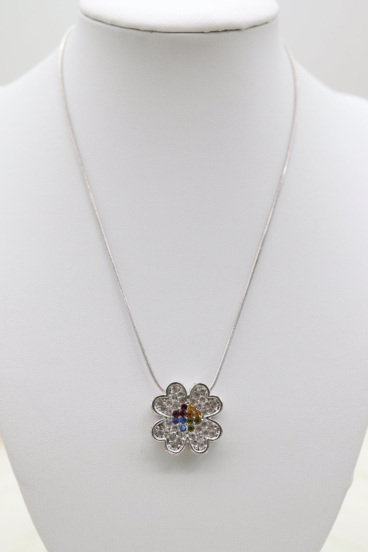 CZ Pave with Multi-Color CZ Center Pendant Silver Necklace