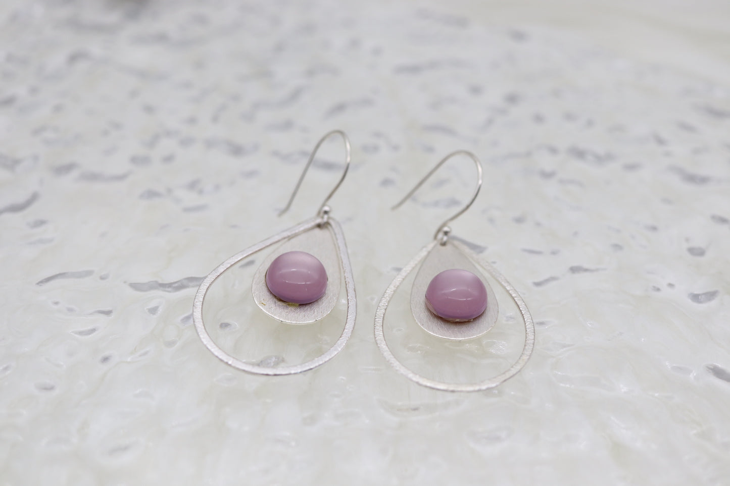 Silver Beaded Necklace With Violet Acrylic Teardrop Dangling Pendant