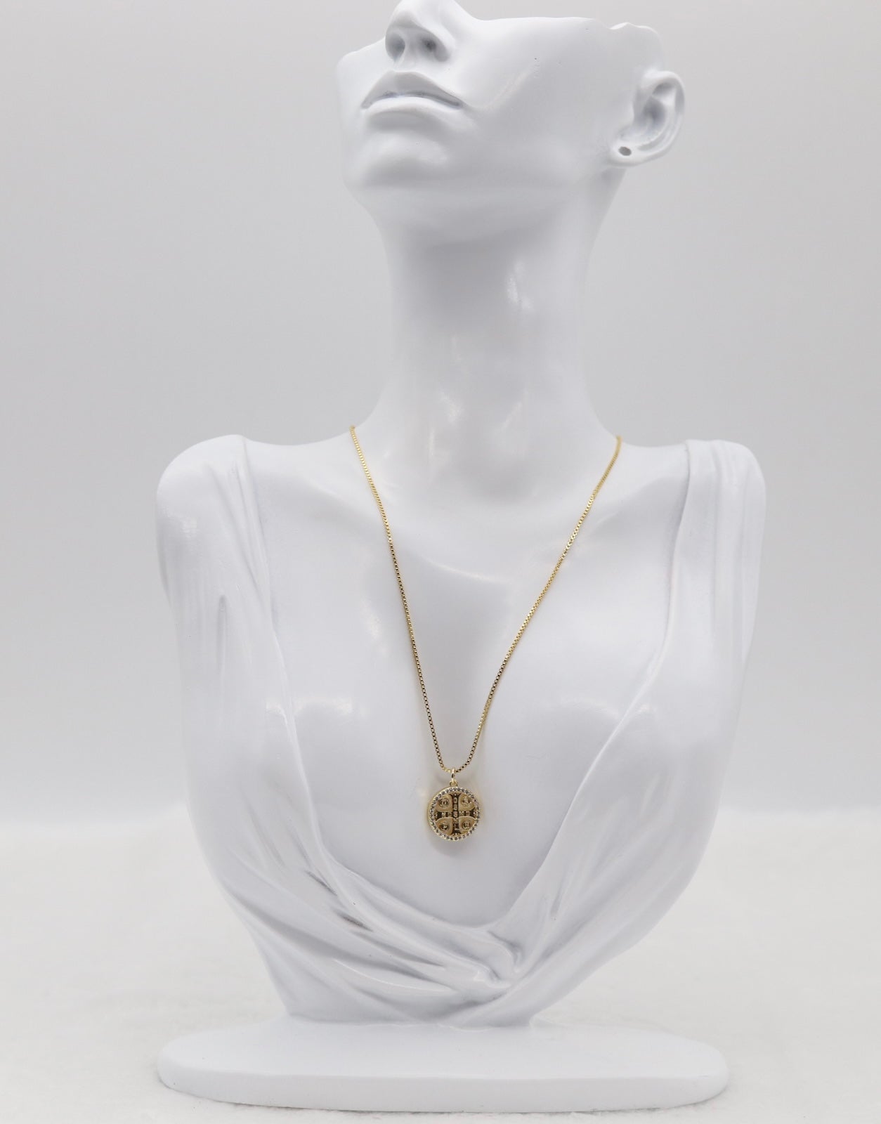 Gold Cross Medallion Necklace – Crystal Accent Round Pendant