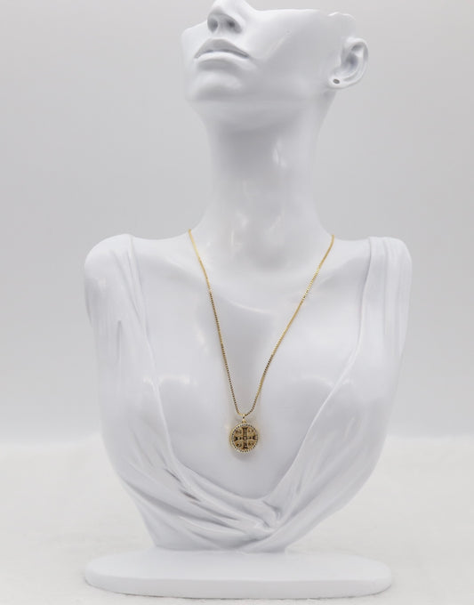 Gold Cross Medallion Necklace – Crystal Accent Round Pendant