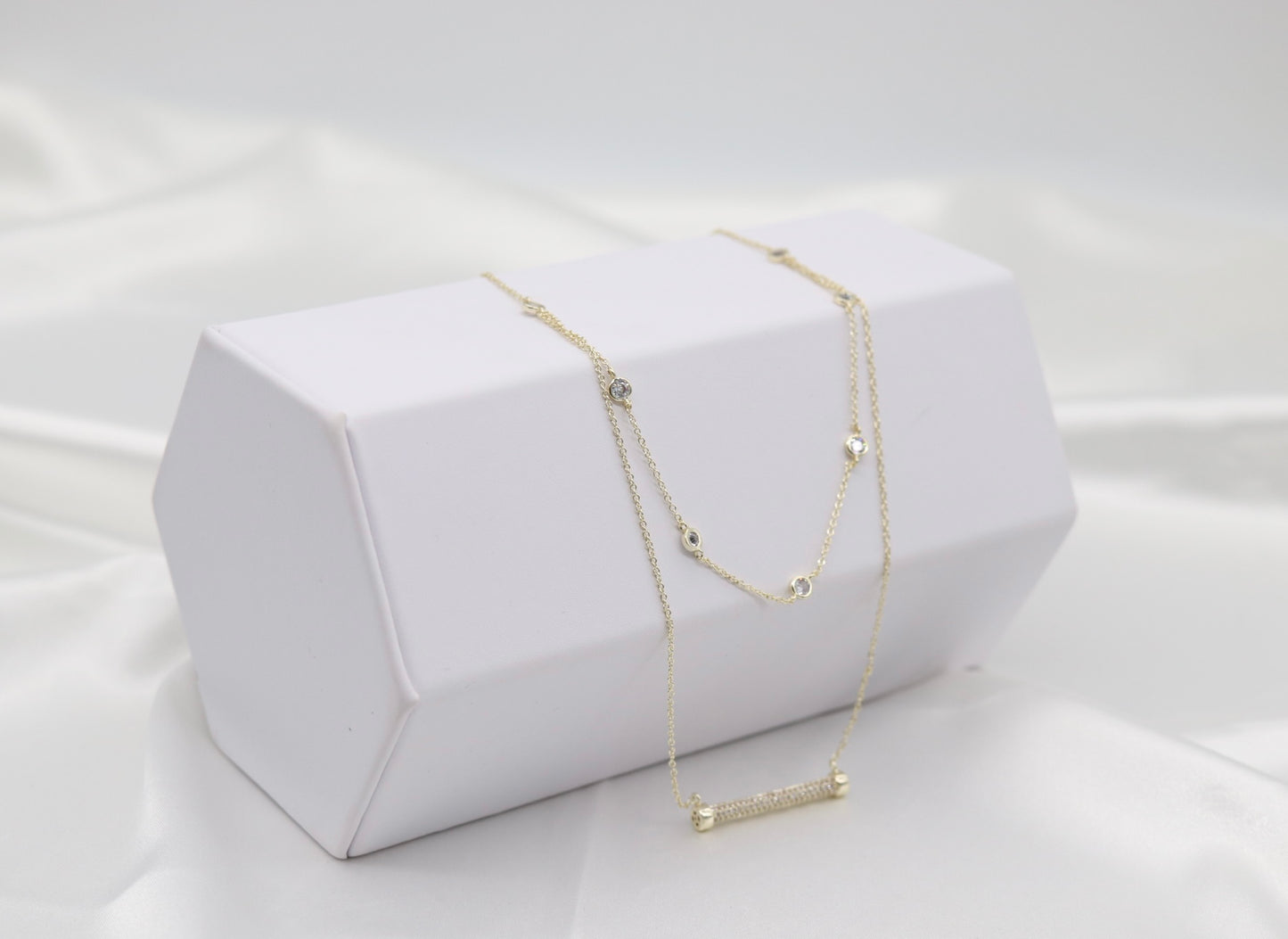 Layered Bezel Set Station Necklace With Paved CZ Bar Pendant