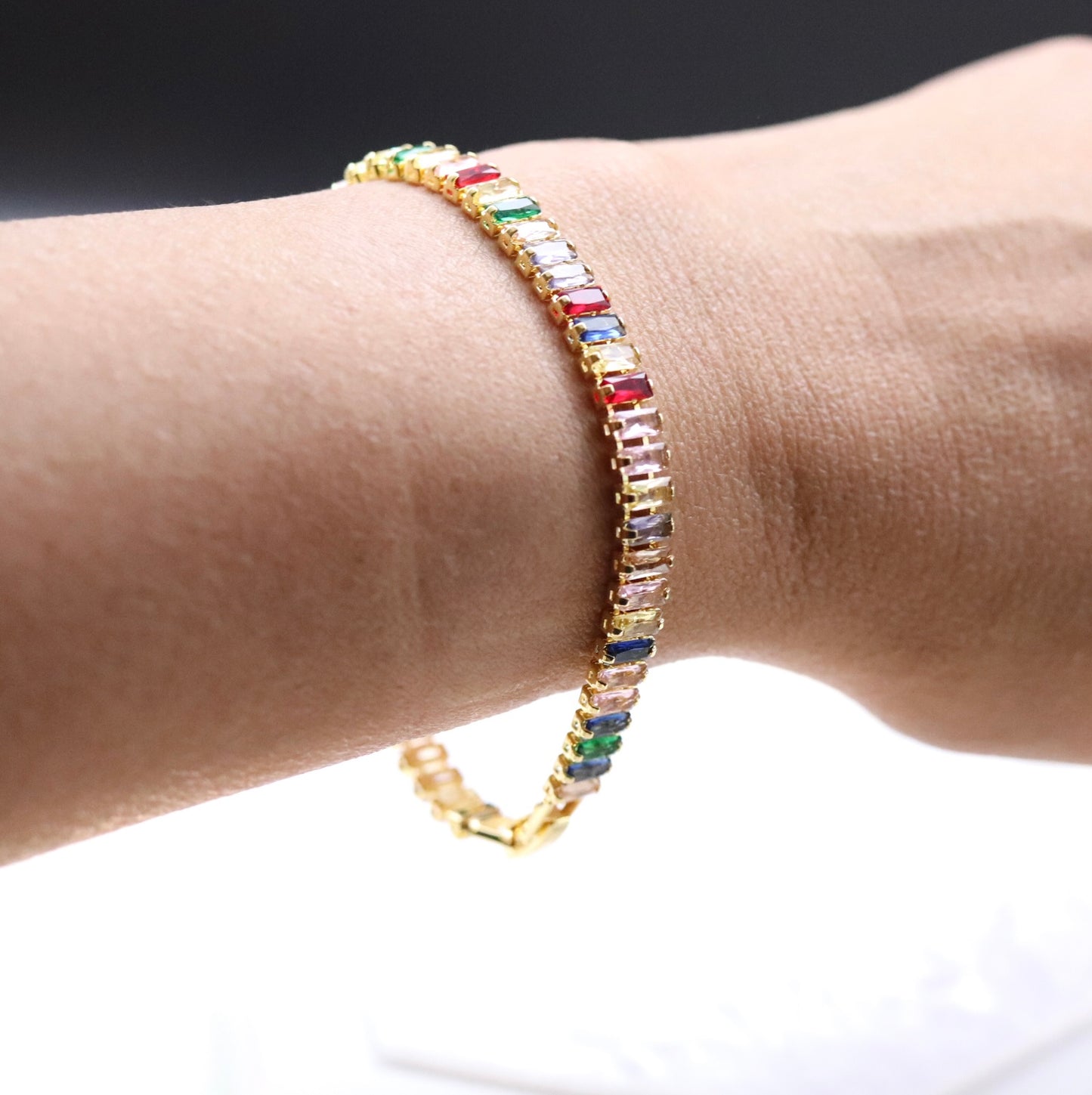 Rainbow Colored Baguette Tennis Bracelet