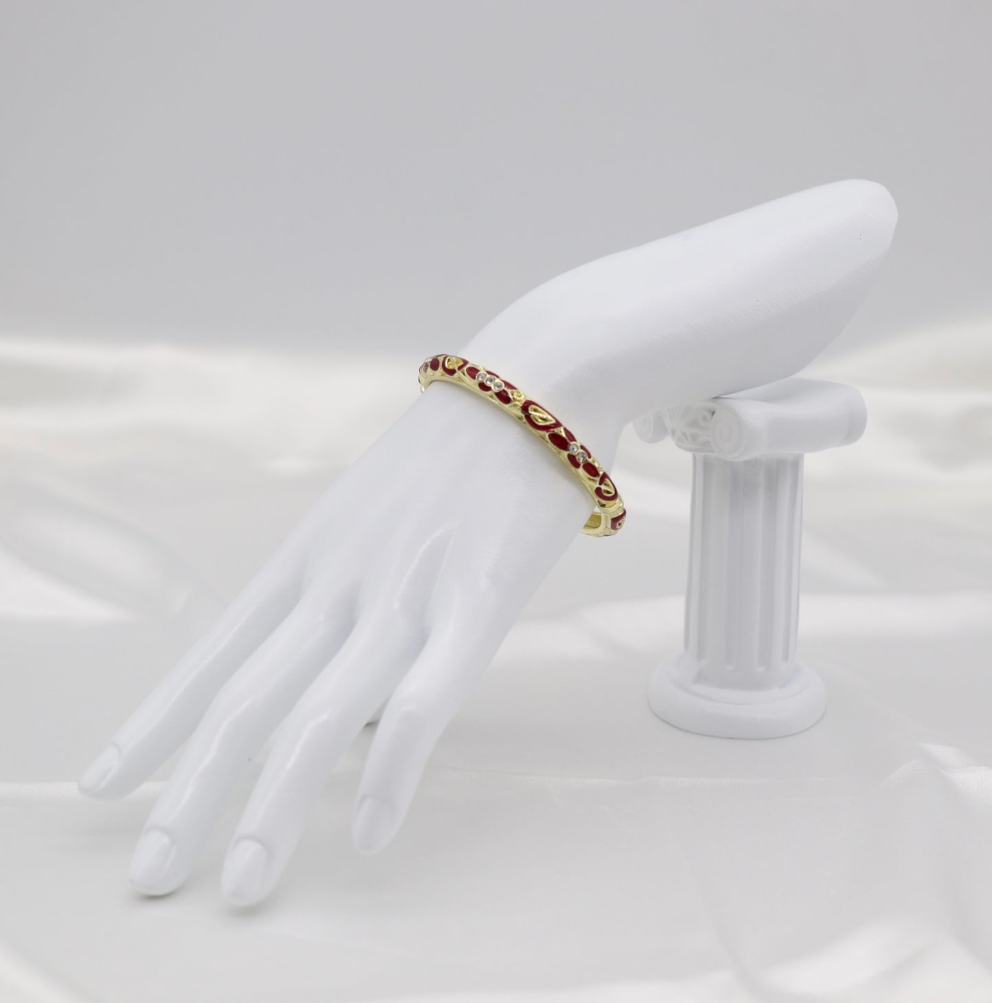 Thin Burgundy With CZ Station Enamel Hinged Bangle Bracelet