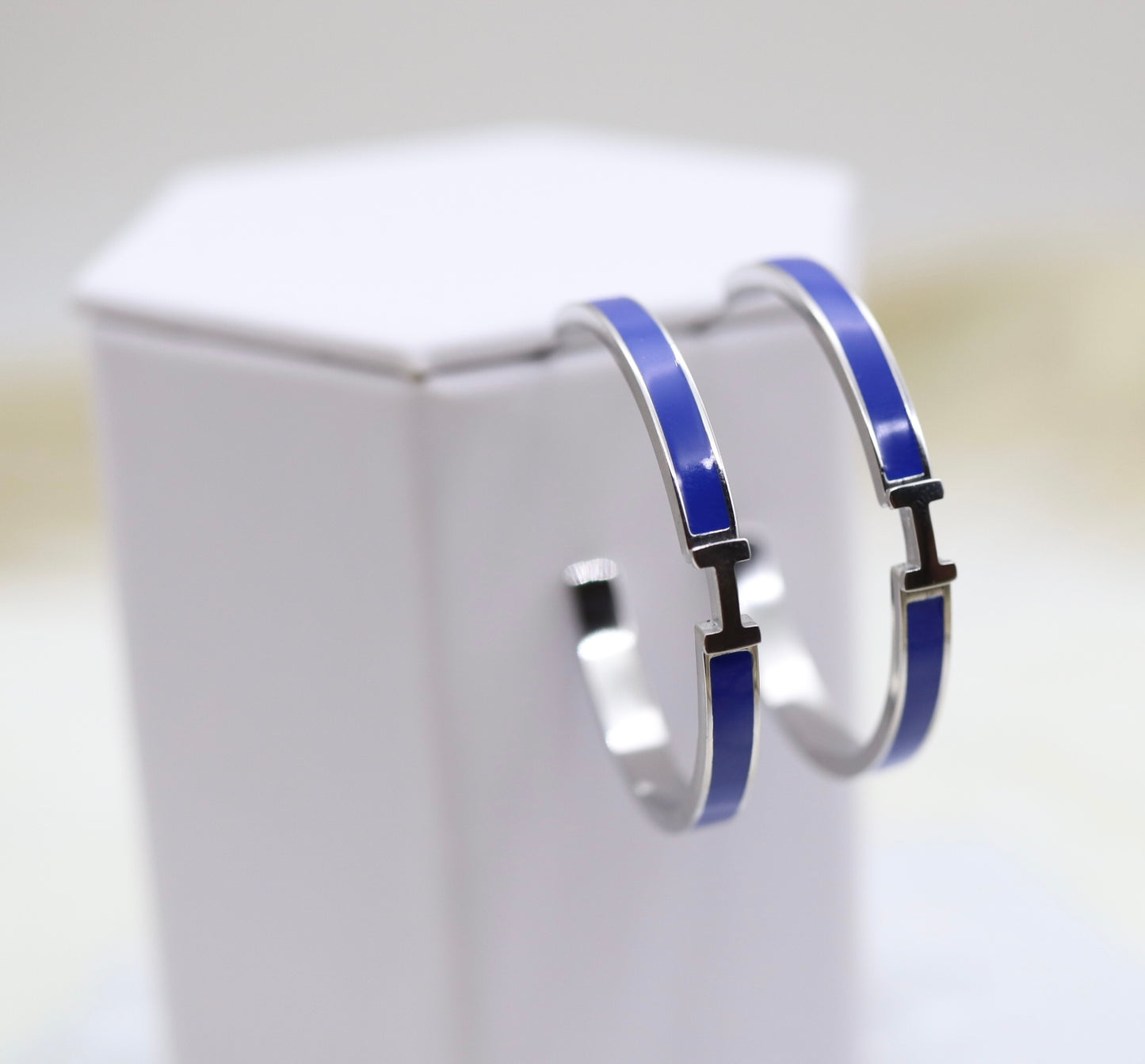 Navy Blue Luxury H Hoop Silver Earrings
