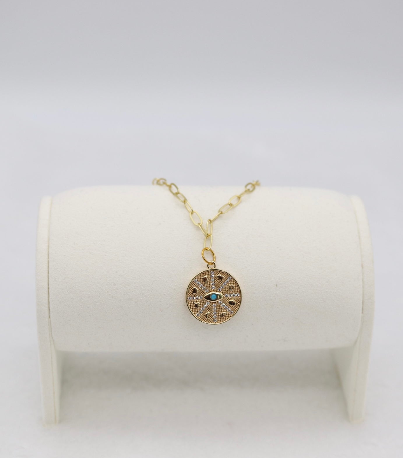Gold Compass Pendant Necklace – Dainty Crystal Medallion with Evil Eye Detail